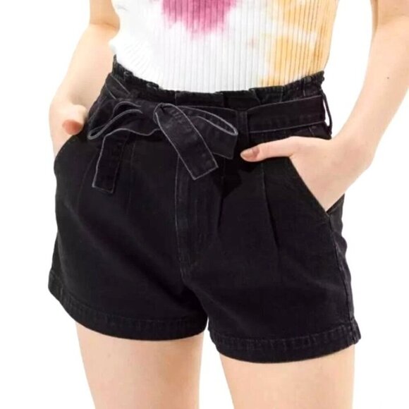 American Eagle AE Paperbag Mom Shorts Sz 4 Black High Rise Tie Belt Button Fly - Picture 3 of 11